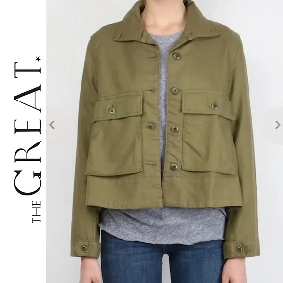THE GREAT. The Swingy Army Jacket Military Green Utility Short High Low Coat 1 S - Picture 4 of 16